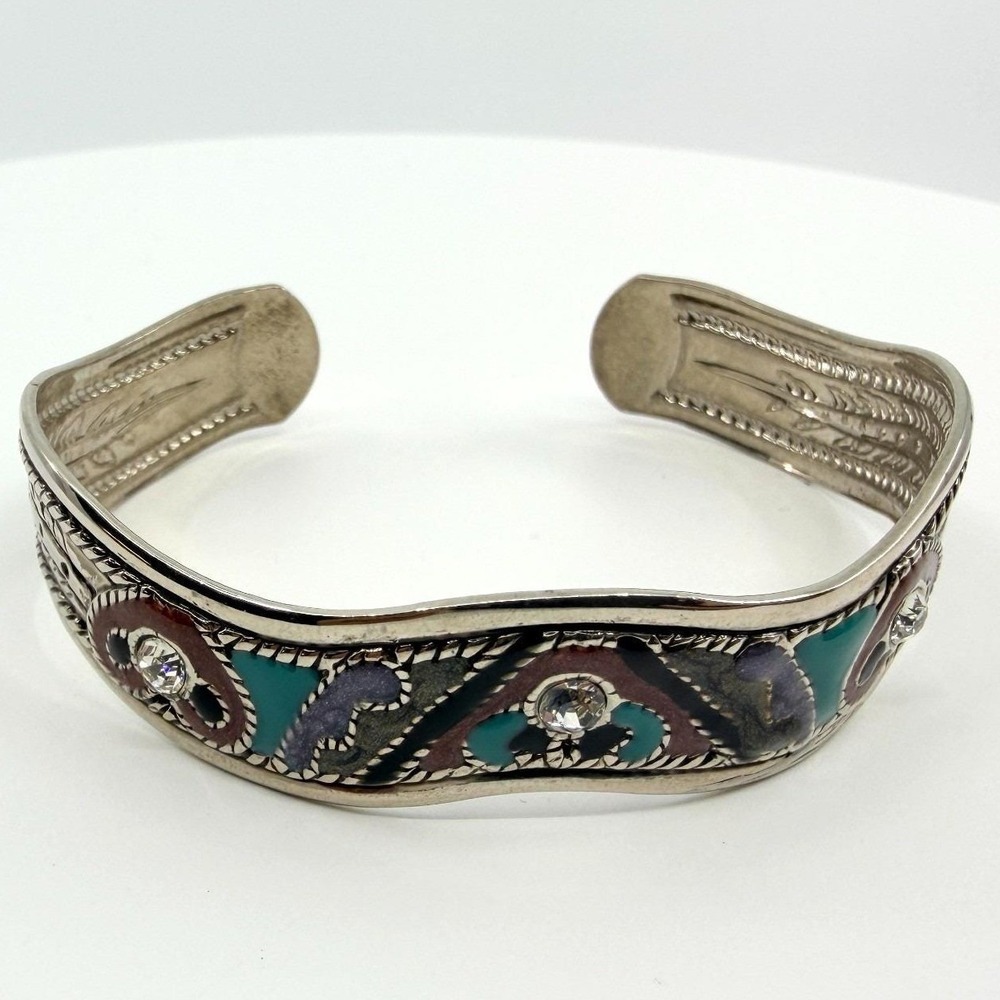 Vintage Silver Tone Tibetan Enamel‎ Rhinestone Cuff Bracelet Ethnic Boho Tribal